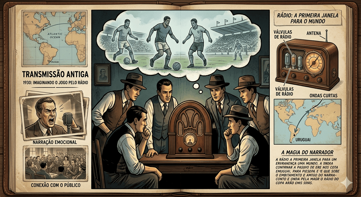 Ilustração gerada por IA sobre o rádio no começo das copas