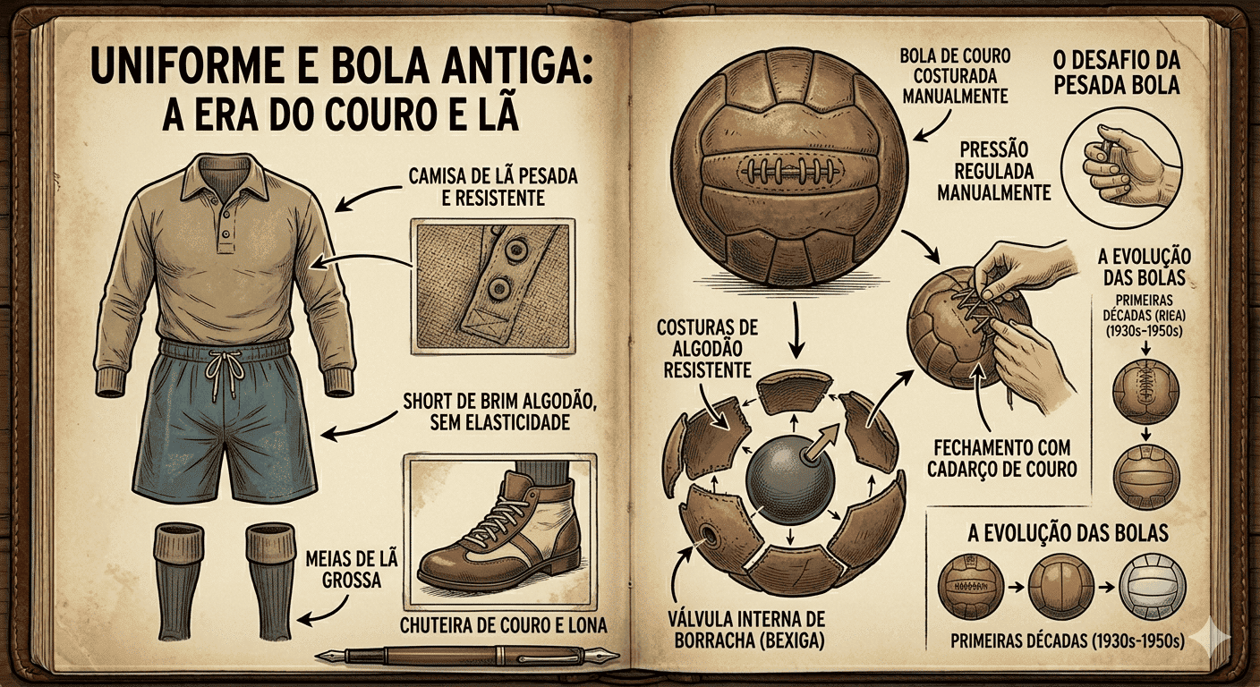ilusrração dos primeiros equipamentos da hitória do futebol