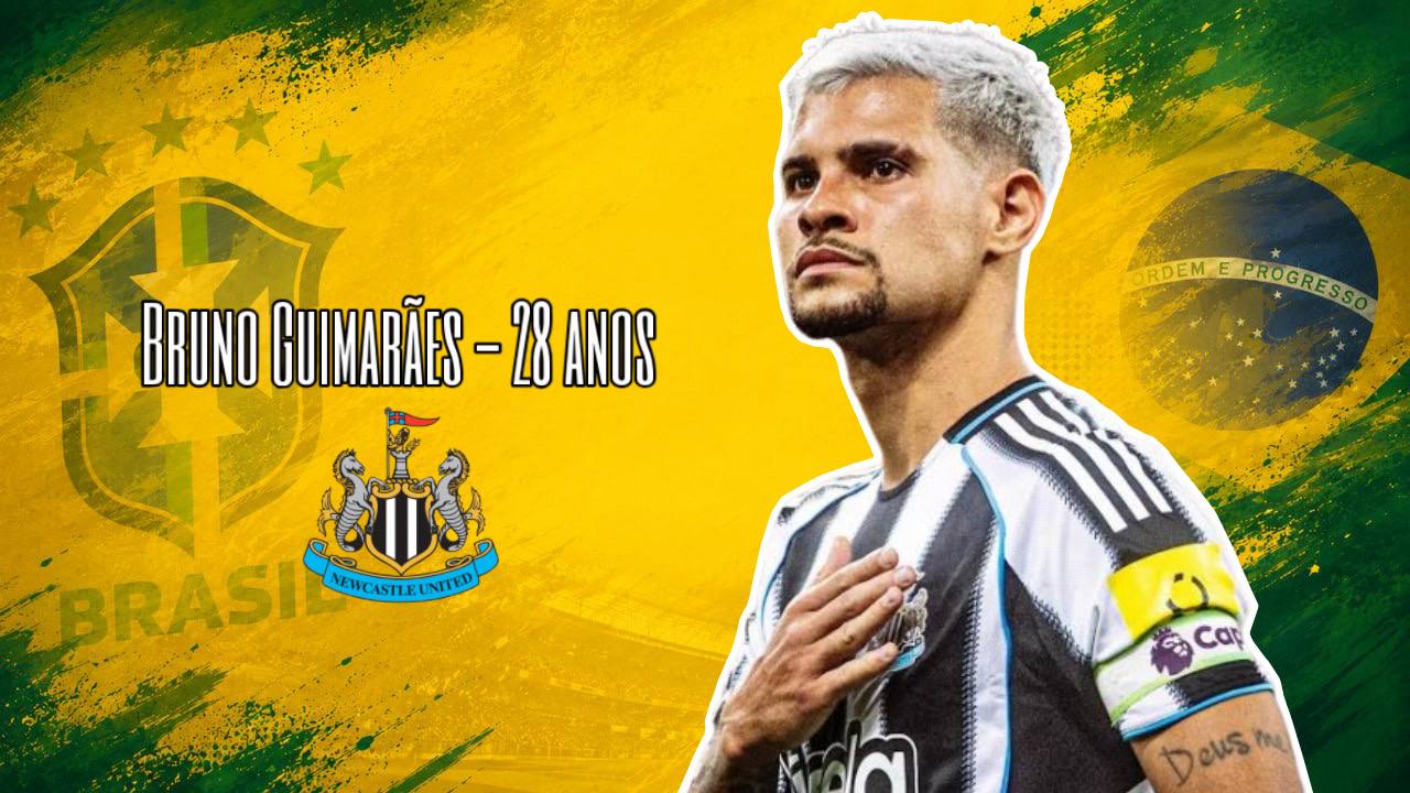 Arte com foto do meio-campista Bruno Guimarães